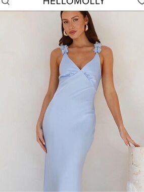 Hello Molly NWT Silken Twilight Satin Light Blue Floral Strap Maxi Slip Dress